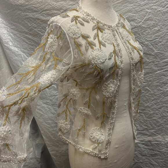 Vintage HandMade in Hong Kong Cream+Pearl+Gold Beaded Cardigan Sweater Size 10 - Picture 4 of 6